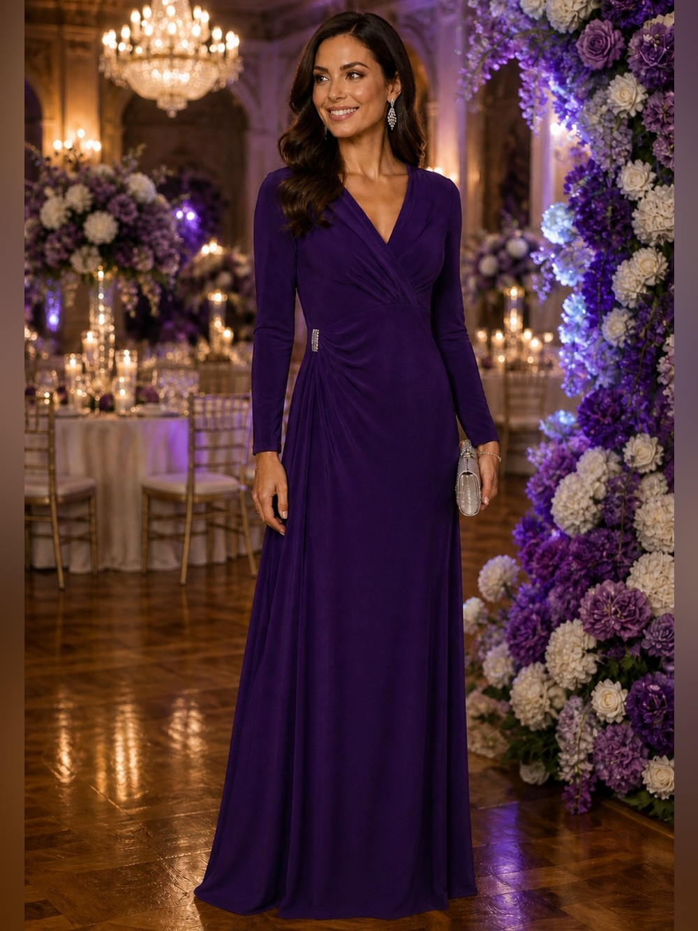 Lauren Ralph Lauren Deep Purple Long-Sleeve V-Neck Evening Gown - Size 14 - NWOT